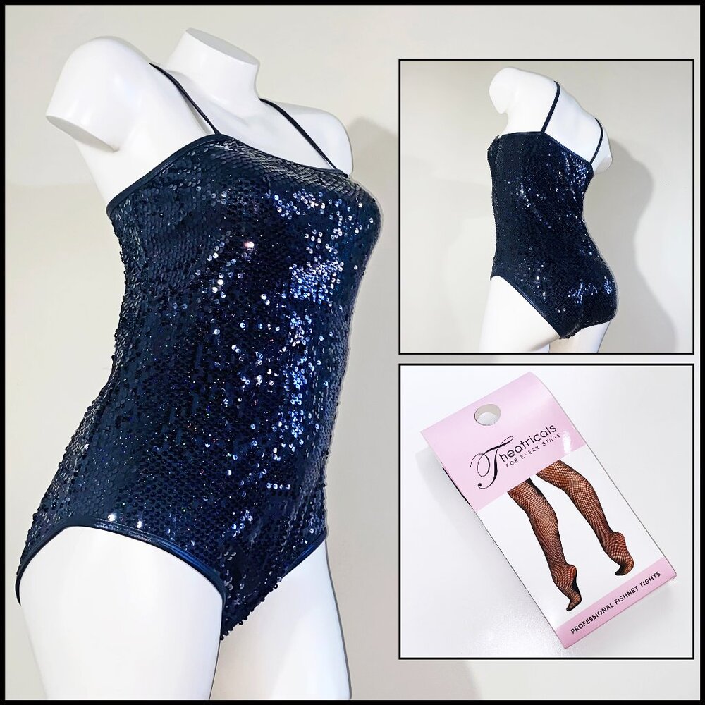 NEW "DOUBLE PLATINUM" M BLACK SEQUINED LEOTARD & THEATRICALS TAN FISHNET TIGHTS
